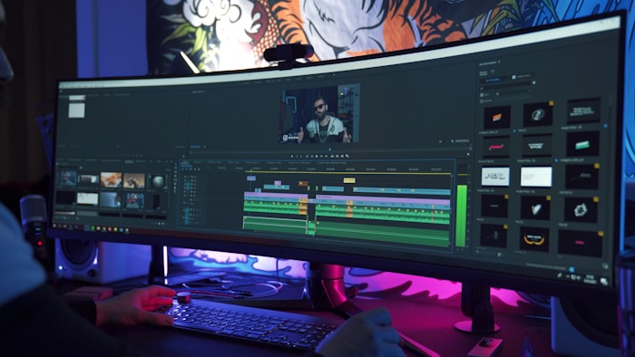 Video editing timeline on a widescreen monitor